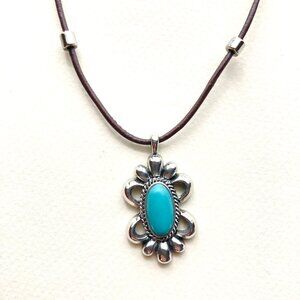 Vintage Chaps Faux Turquoise Pendant Necklace Leather Cord
